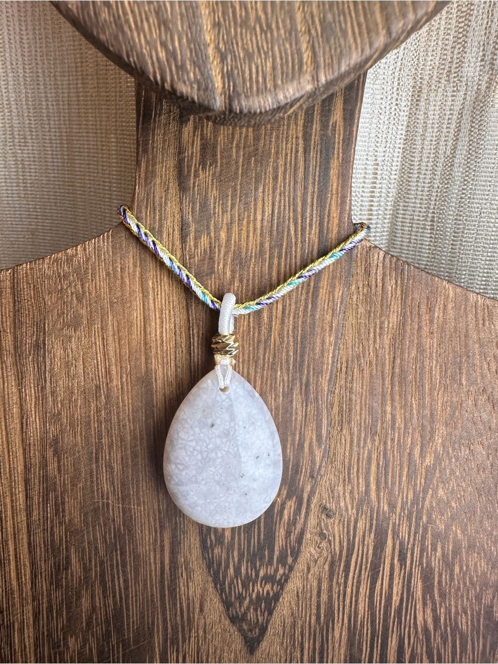White Coral Fossil Teardrop Pendant Necklace on Blue and Gold Rope - Picture 4 of 13